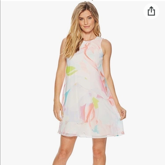 𝅺NWT Calvin Klein Printed Watercolor Floral Chiffon Trapeze Dress Size 10 - Picture 3 of 10